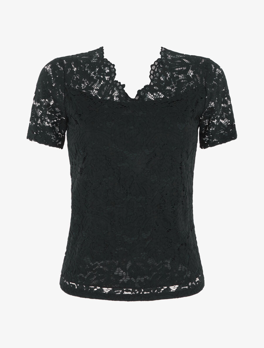 Top uni en dentelle - Noir - 1