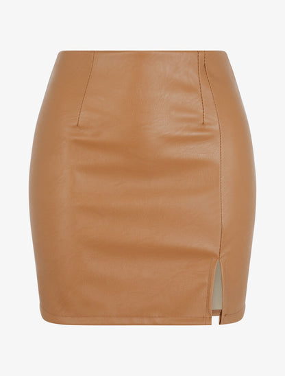 Mini-jupe fendue en simili - Camel - 4