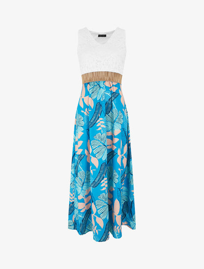 Robe longue bi-matière imprimé feuilles - Turquoise - 4