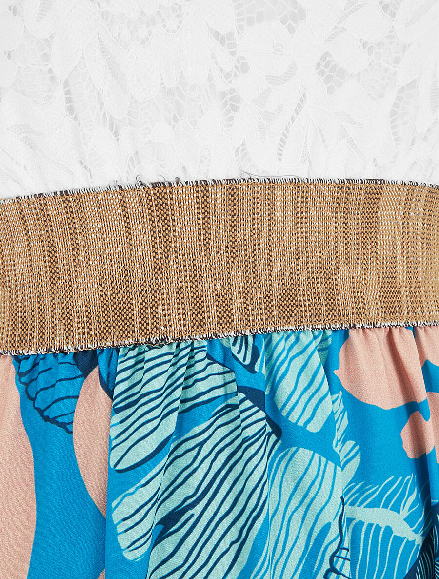 Robe longue bi-matière imprimé feuilles - Turquoise - 3