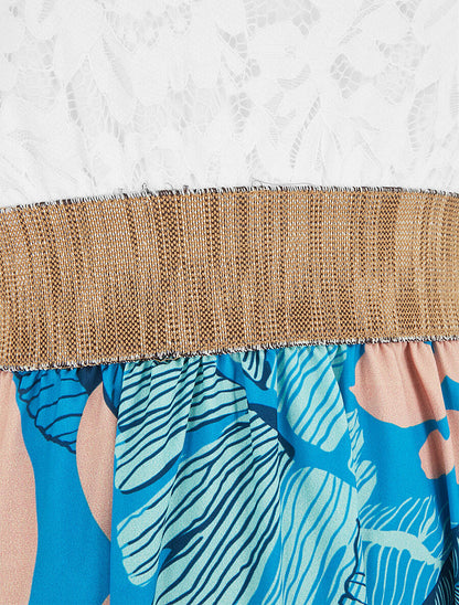 Robe longue bi-matière imprimé feuilles - Turquoise - 3