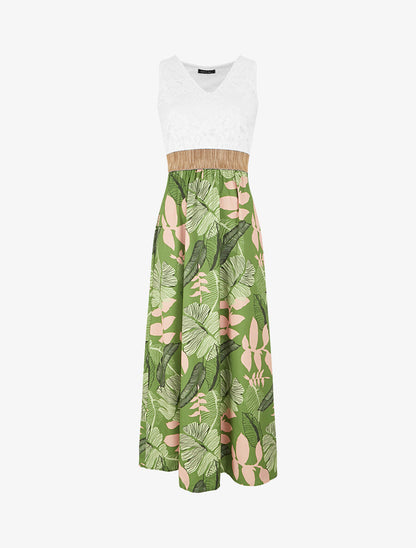 Robe longue bi-matière imprimé feuilles - Kaki - 1