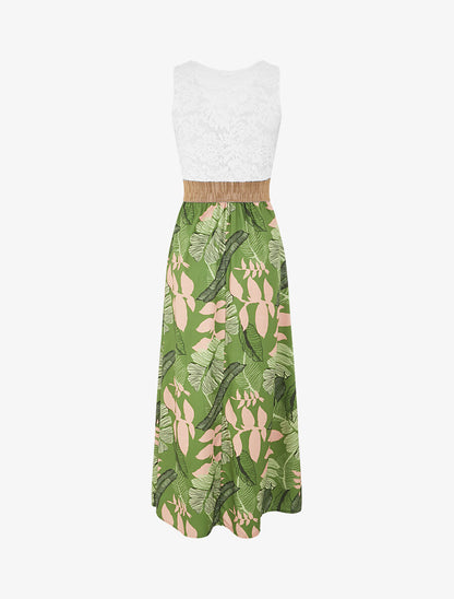 Robe longue bi-matière imprimé feuilles - Kaki - 2