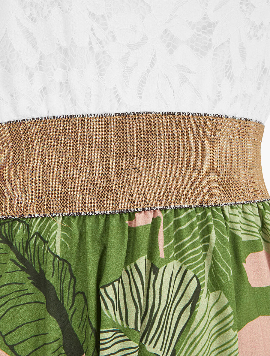Robe longue bi-matière imprimé feuilles - Kaki - 3