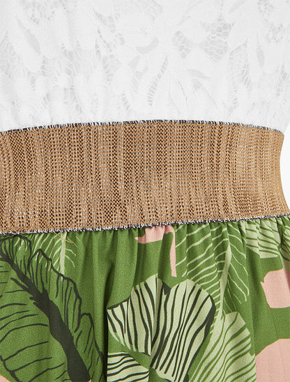 Robe longue bi-matière imprimé feuilles - Kaki - 3