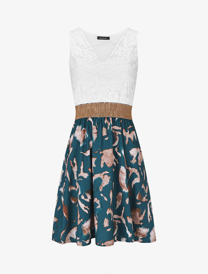 Robe bi-matière imprimé abstrait - Bleu canard - 5