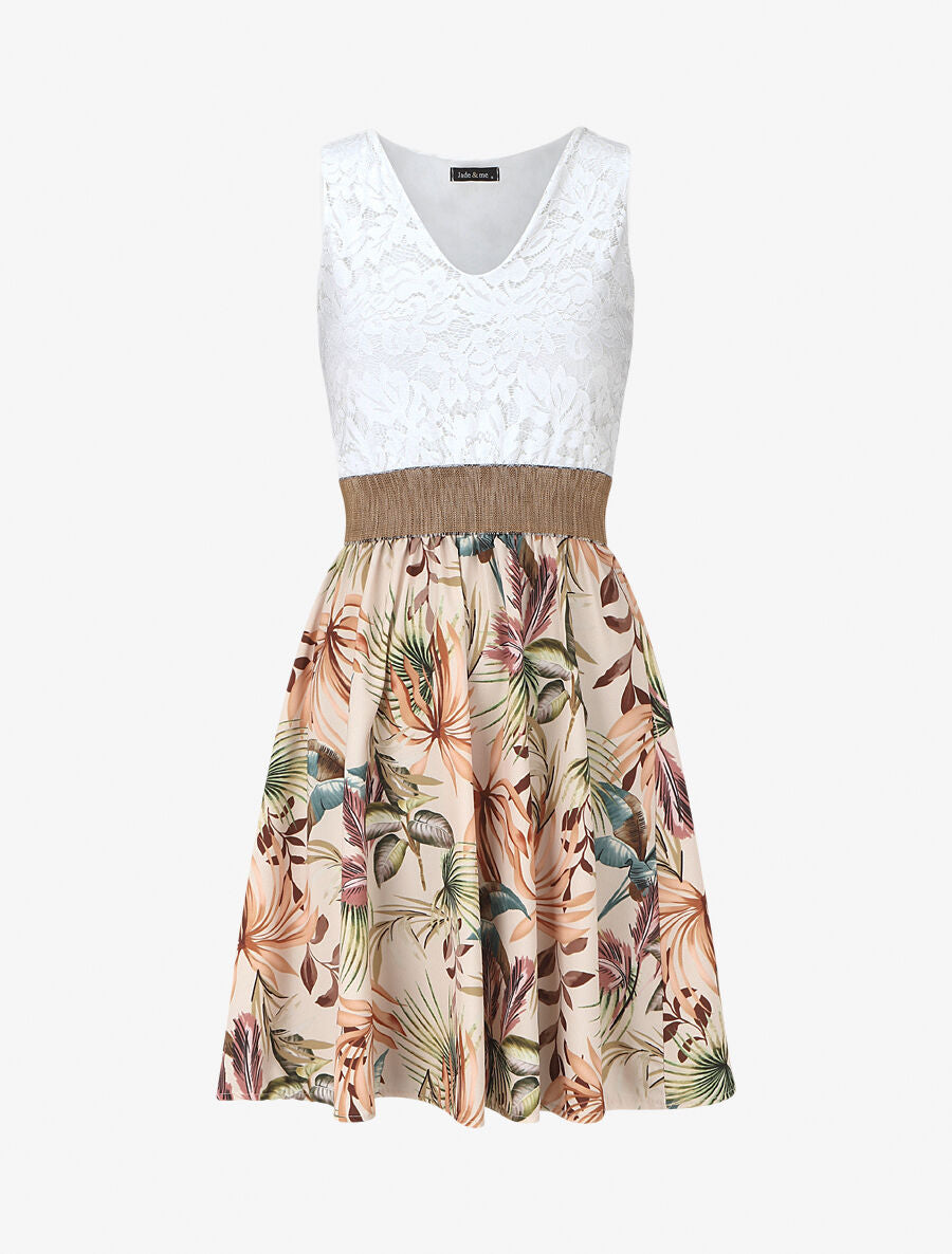 Robe bi-matière imprimé tropical - Beige - 1