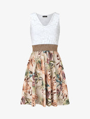 Robe bi-matière imprimé tropical - Beige - 1