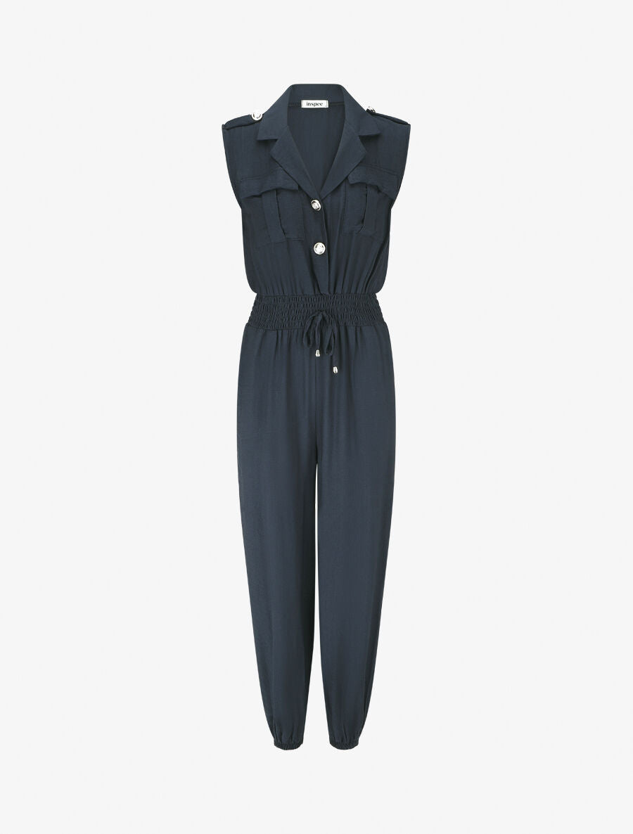 Combinaison uni élastiquée sans manches - Marine - 1
