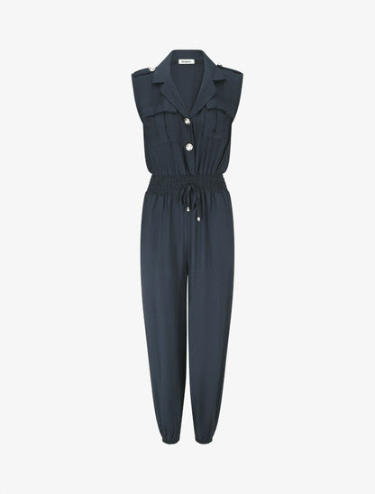 Combinaison uni élastiquée sans manches - Marine - 1