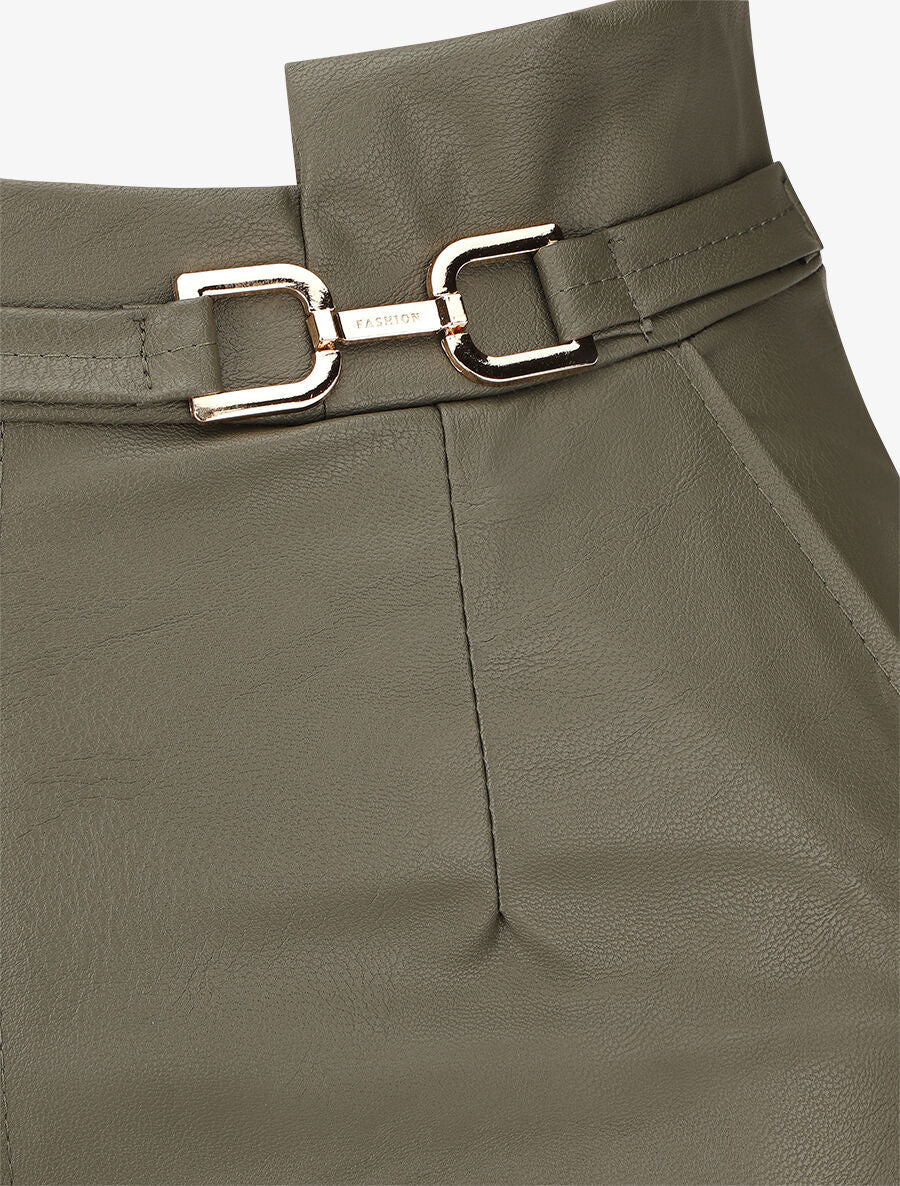 Jupe longue en simili à ceinture stylisée - Kaki - 3