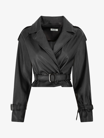 Veste courte en simili ceinturée - Noir - 1
