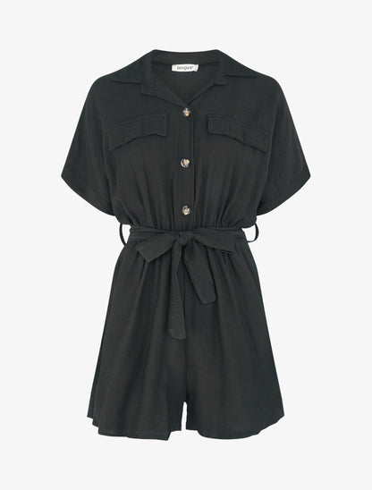 Combishort uni ceinturé - Noir - 1