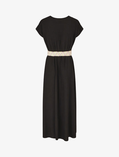 Robe longue unie élastiquée et ceinturée - Noir - 2