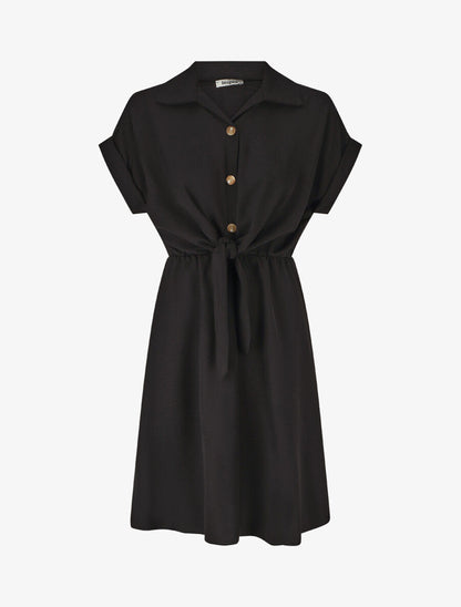 Robe unie à noeud et manches courtes - Noir - 1