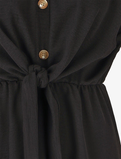 Robe unie à noeud et manches courtes - Noir - 3