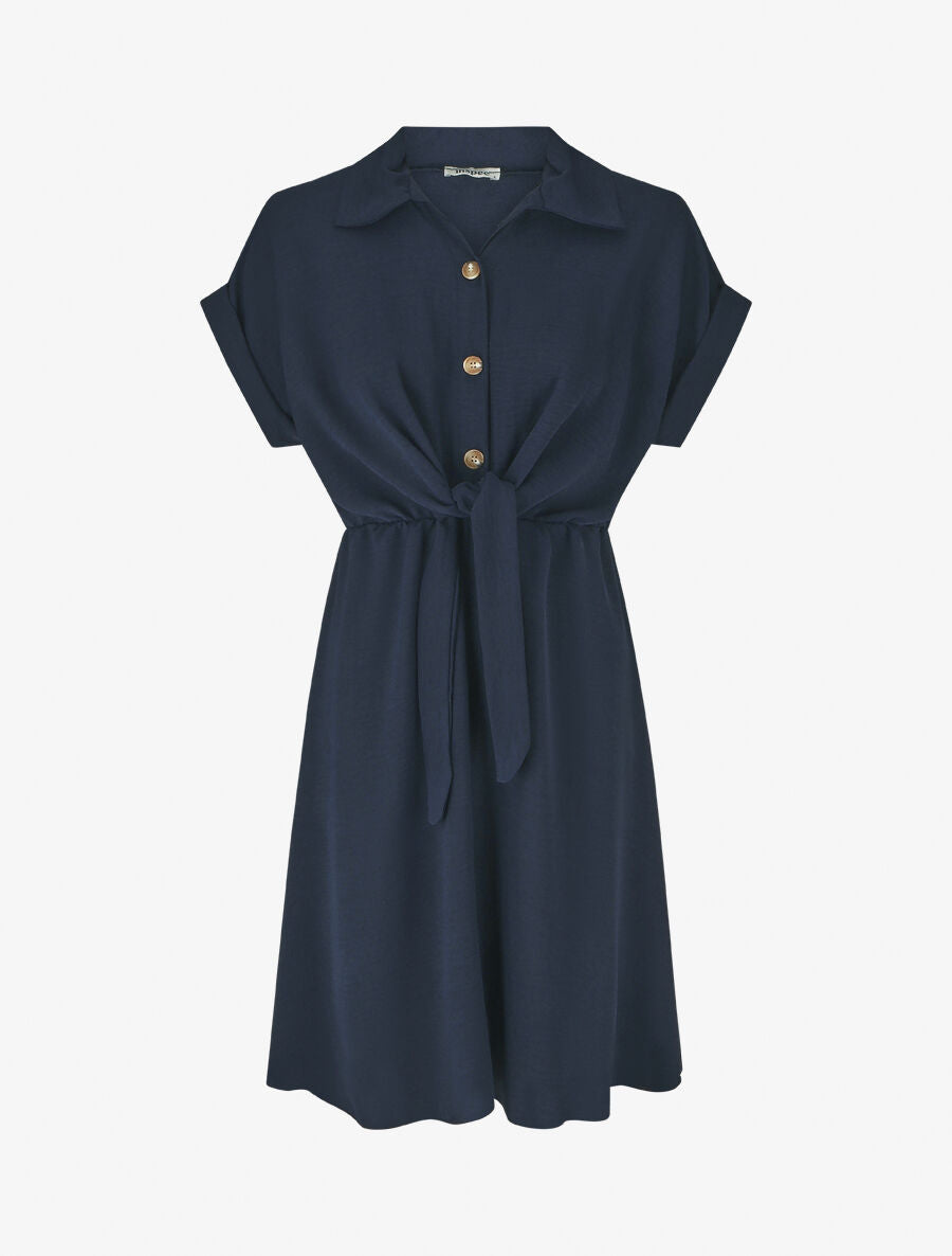 Robe unie à noeud et manches courtes - Marine - 1