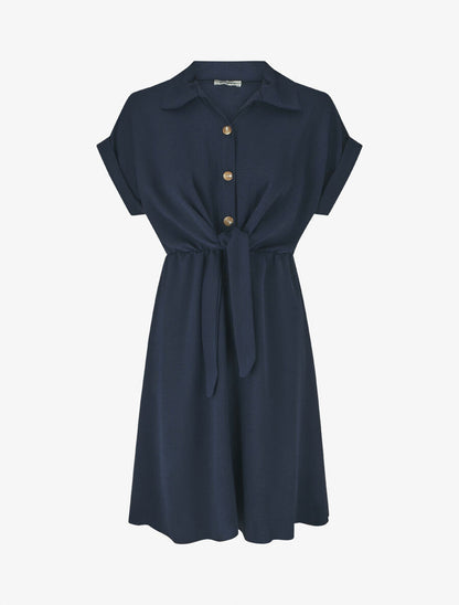 Robe unie à noeud et manches courtes - Marine - 1