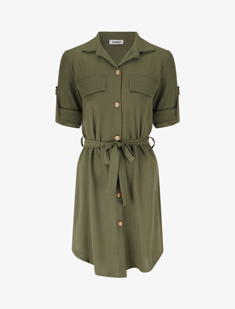 Robe chemise à manches retroussables - Kaki - 1