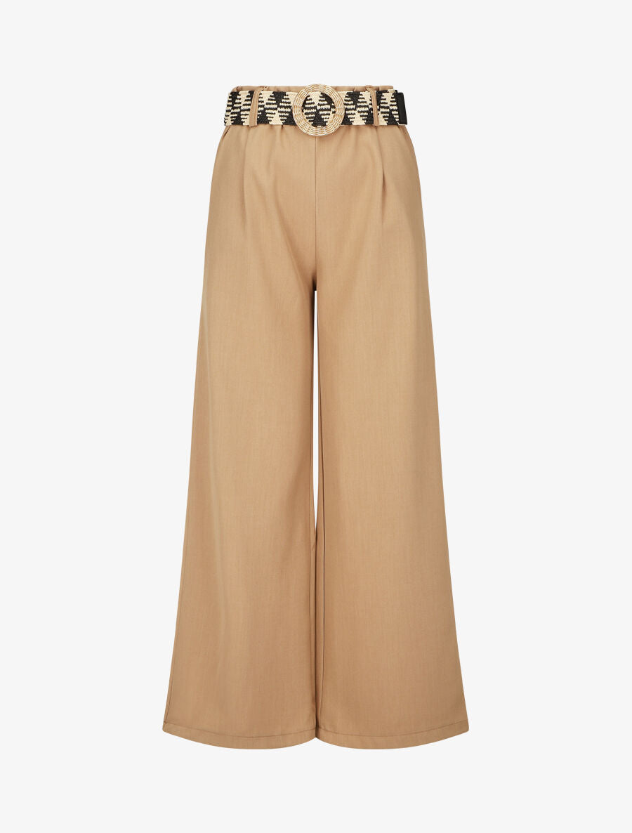 Pantalon ample taille haute élastiquée - Camel - 4