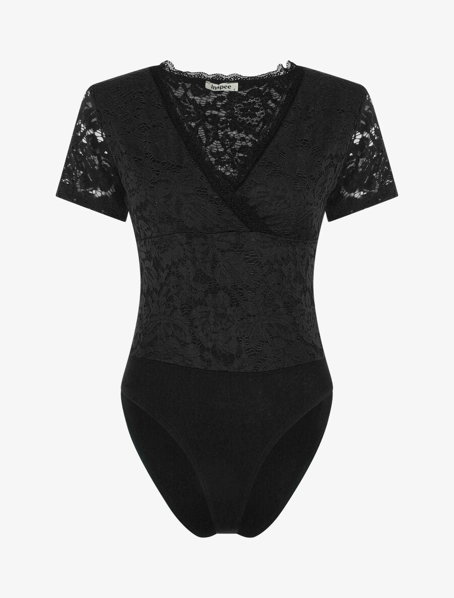 Body manches courtes en dentelle - Noir - 4