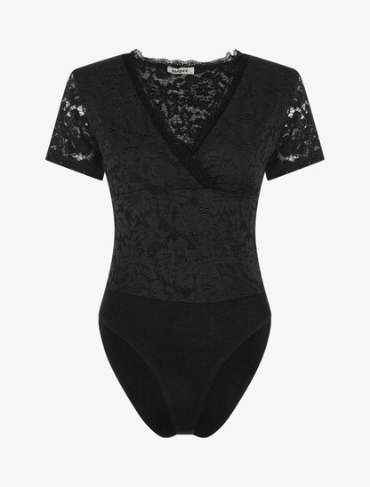 Body manches courtes en dentelle - Noir - 4