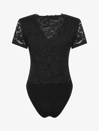 Body manches courtes en dentelle - Noir - 2