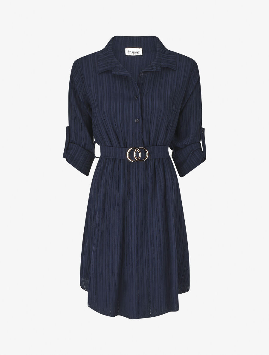Robe chemise mi-longue texturée - Marine - 4