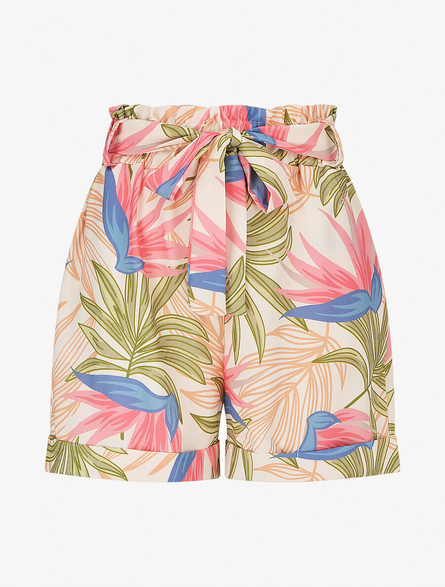 Short élastiqué imprimé feuillage - Kaki - 1