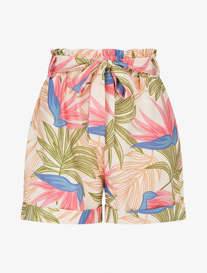 Short élastiqué imprimé feuillage - Kaki - 1