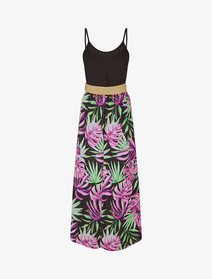 Robe bicolore imprimé feuilles tropicales - Noir - 2