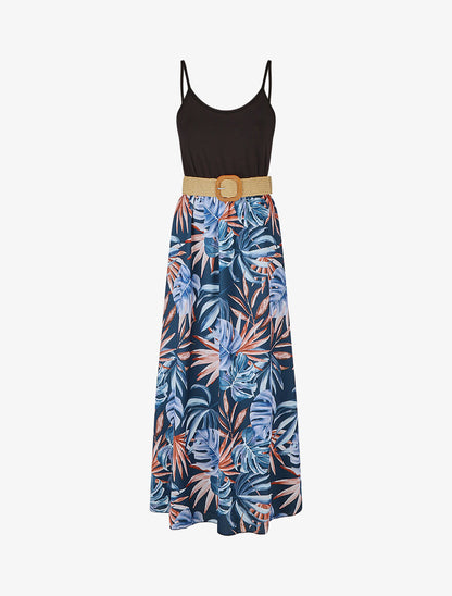 Robe bicolore imprimé feuilles tropicales - Bleu - 4