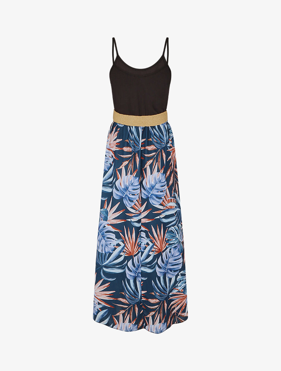 Robe bicolore imprimé feuilles tropicales - Bleu - 2
