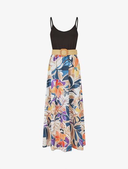 Robe bicolore imprimé tropical - Marine - 1