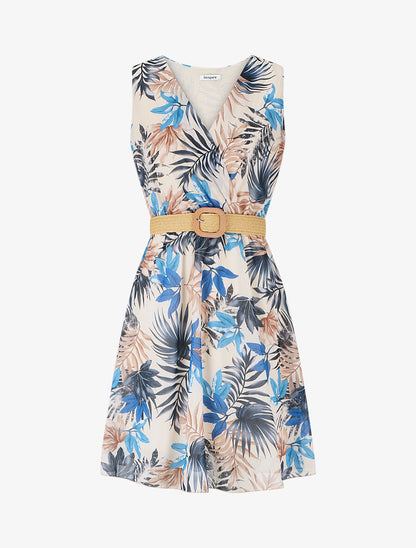 Robe élastiquée à imprimé feuillage - Bleu - 1