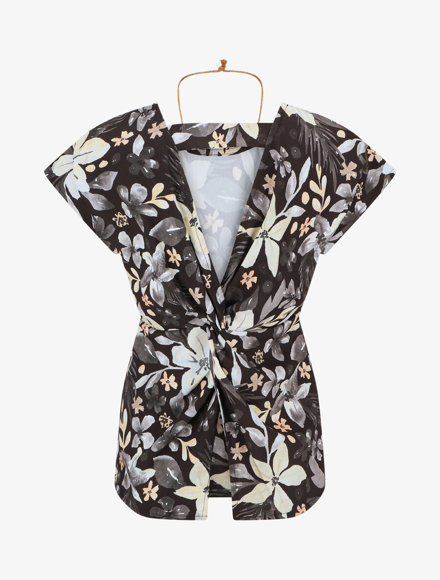 Top manches courtes dos torsadé imprimé fleuri - Noir - 2