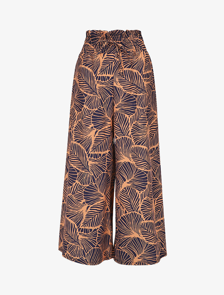 Pantalon ample taille haute imprimé feuilles - Marine - 4