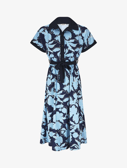 Robe longue élastiquée à imprimé floral - Marine - 4