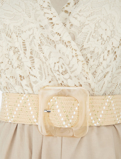 Robe mi-longue à buste brodé - Beige - 3