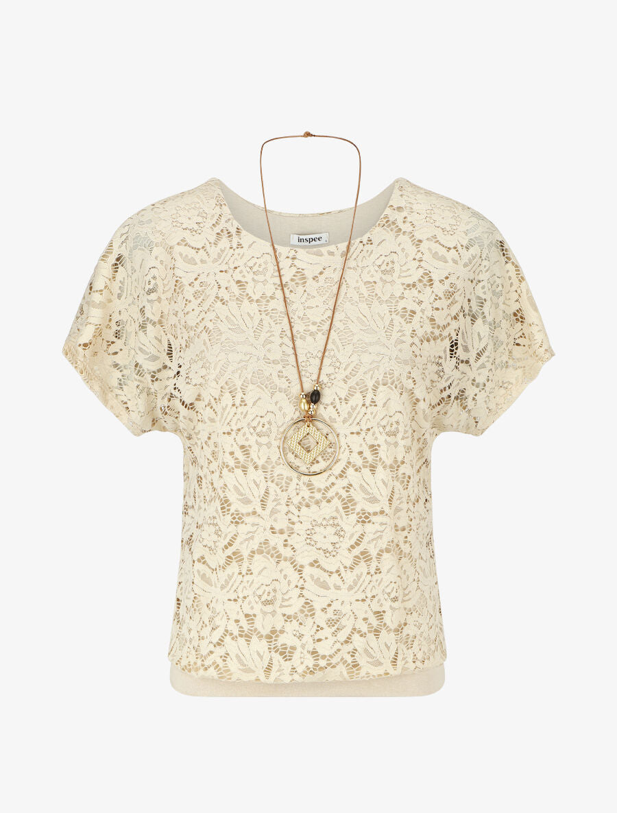 Top uni en broderies - Beige - 4