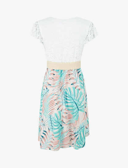 Robe mi-longue à jupe imprimé tropical - Vert d&