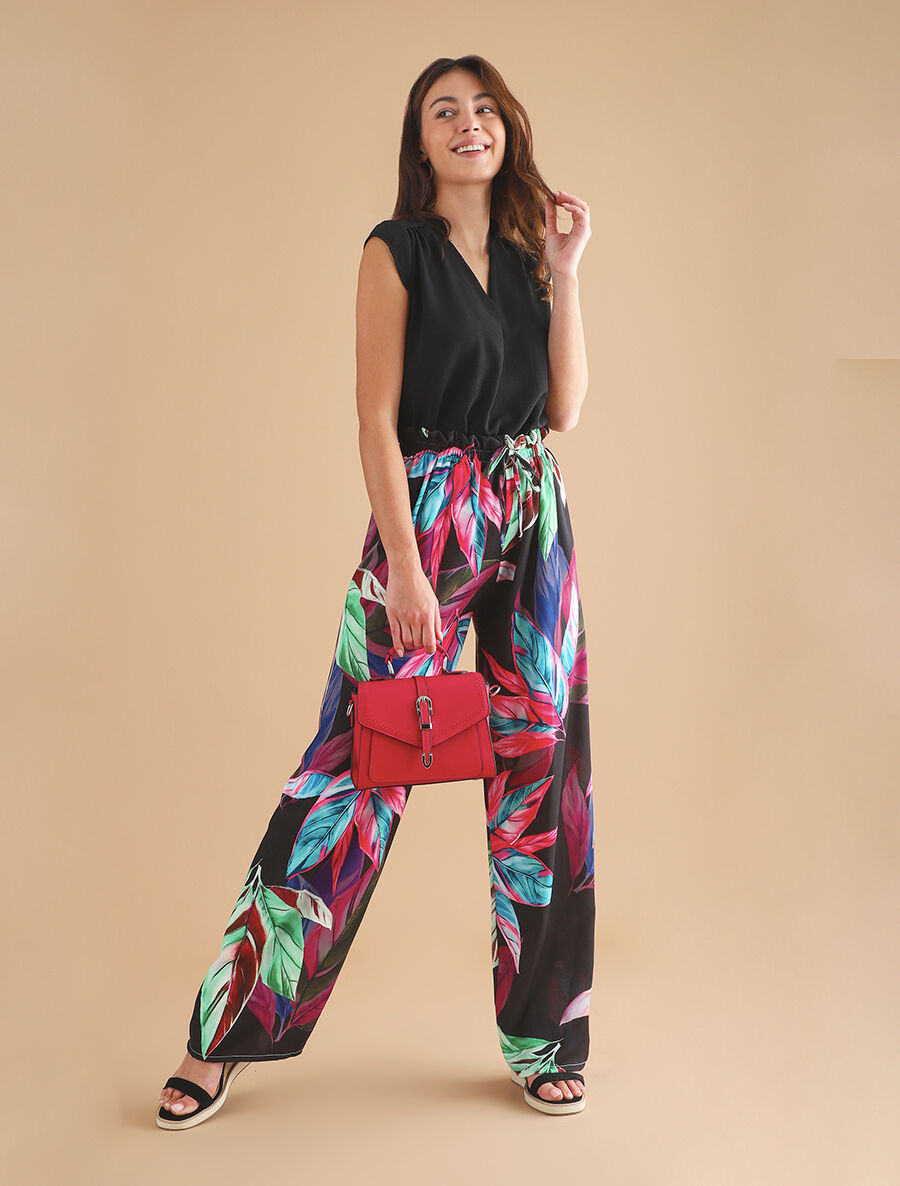 Pantalon ample taille haute imprimé feuilles - Noir - 4