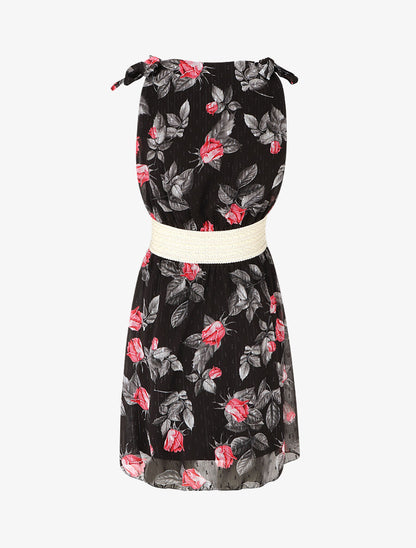 Robe mi-longue sans manches imprimé roses - Noir - 2