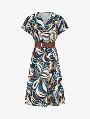Robe longue évasée imprimé fleurs abstraites - Marine - 1