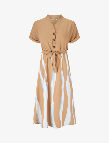Robe midi manches courtes motifs graphiques - Beige - 1