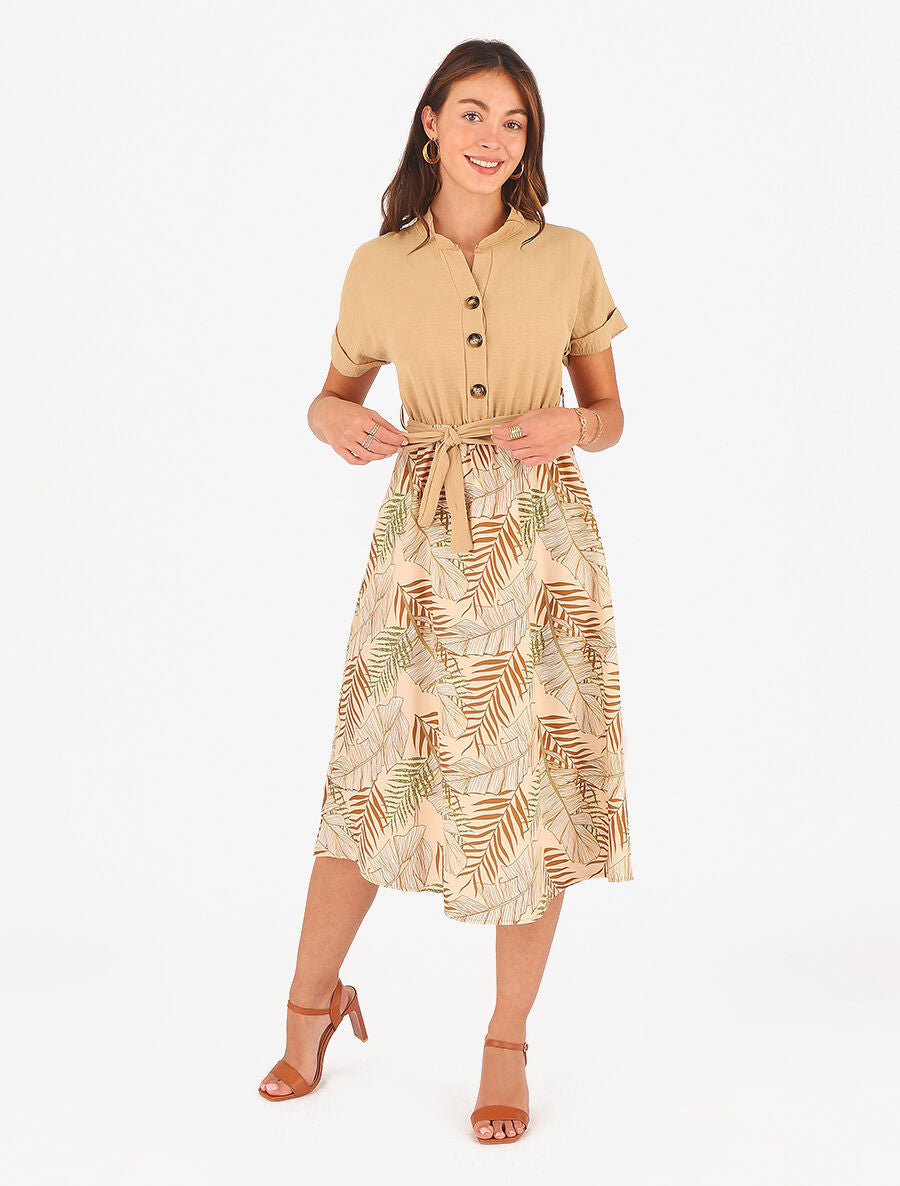 Robe midi manches courtes motif tropical - Beige - 4