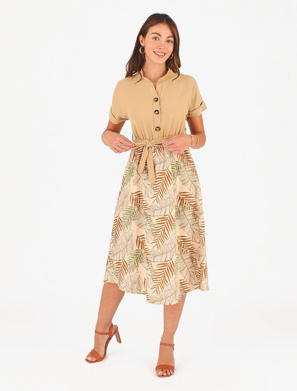 Robe midi manches courtes motif tropical - Beige - 4