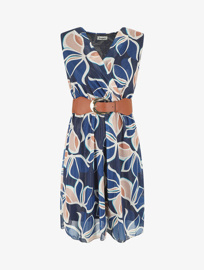 Robe élastiquée sans manches imprimé fleuri irisé - Marine - 1