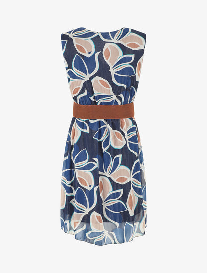 Robe élastiquée sans manches imprimé fleuri irisé - Marine - 2