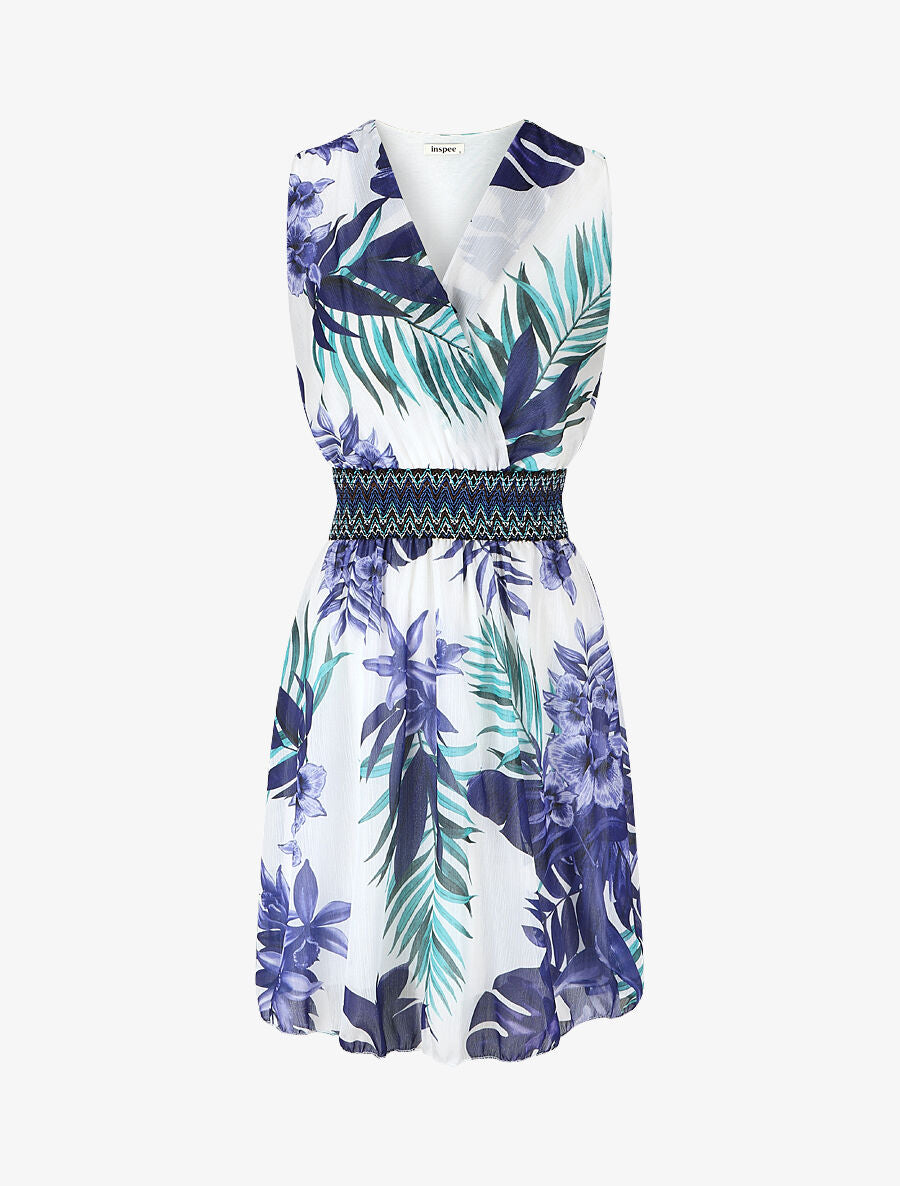 Robe mi-longue sans manches irisée motif tropical - Bleu - 1